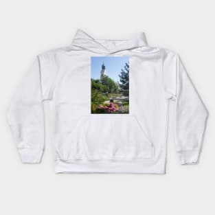 Riedergarten with parish church of St. Nikolaus, Rosenheim, Upper Bavaria, Bavaria, Germany, Europe Kids Hoodie